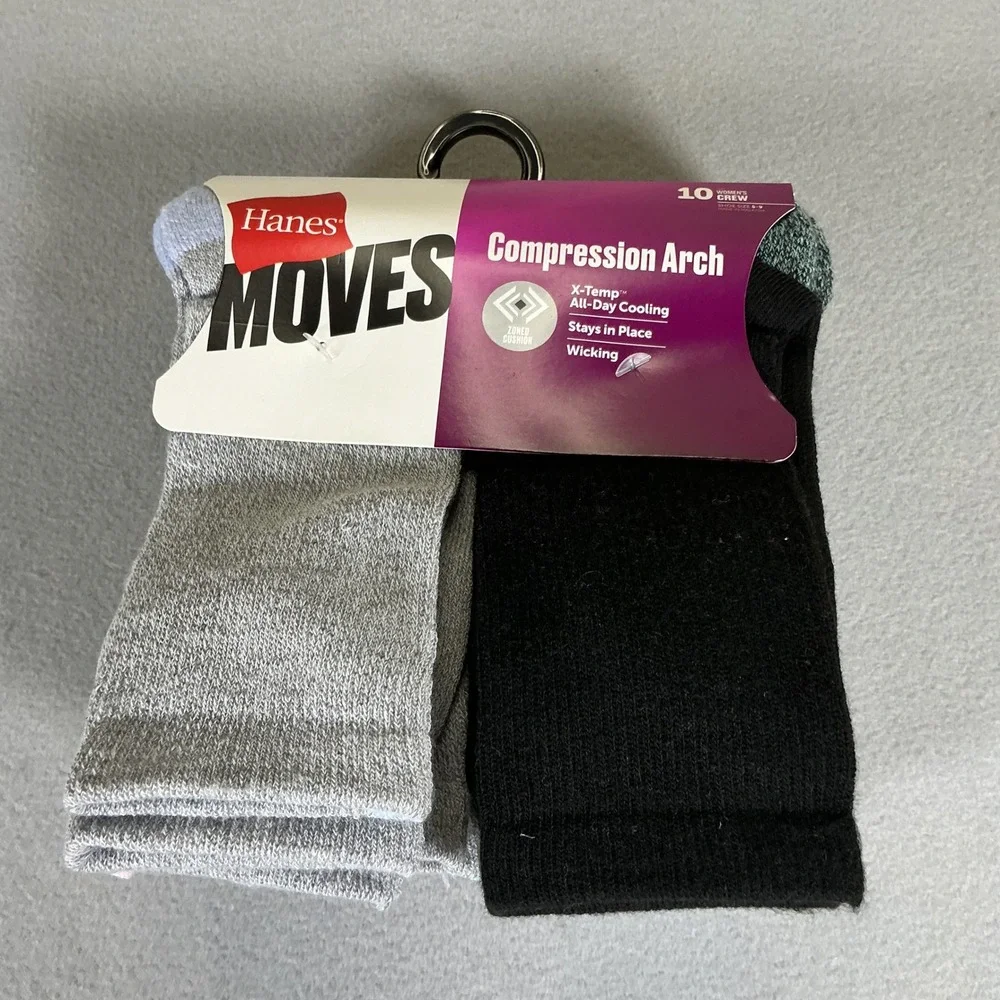 Hanes Moves‎ Womens Crew Socks 10 Pair Compression Arch X-Temp Cooling 5-9